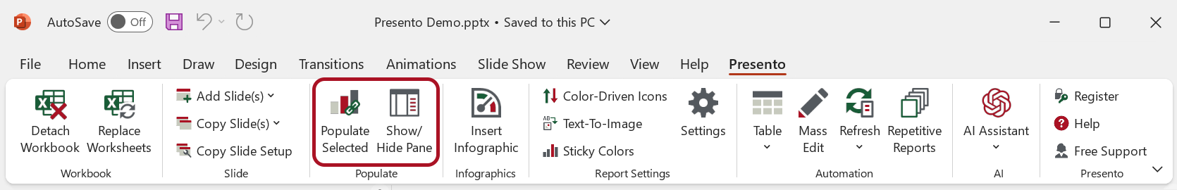 Populate from the Presento Ribbon Tab